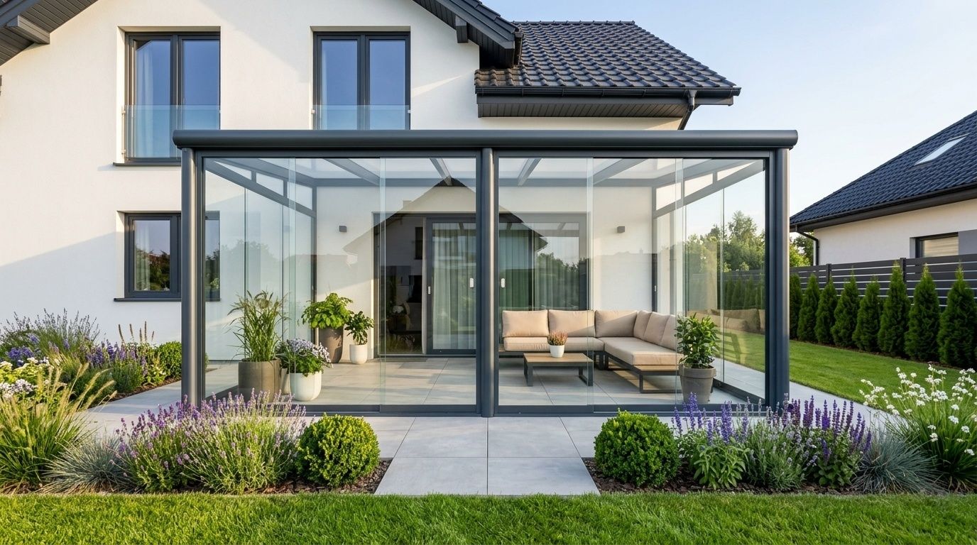 Wintergarten mit Glaswänden am Haus, Bolan Metal System