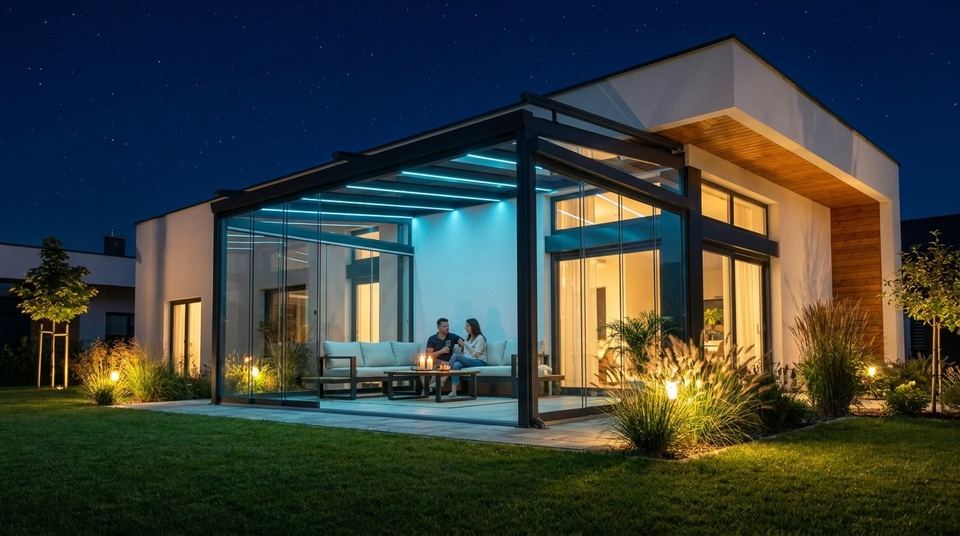 Überdachung mit LED-Beleuchtung am Abend