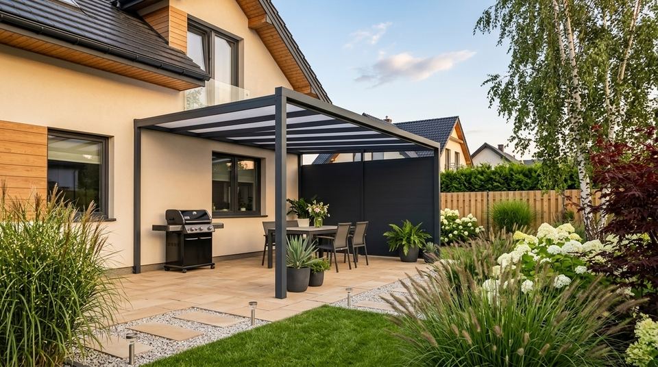 Offene Terrassenüberdachung aus Aluminium am Einfamilienhaus
